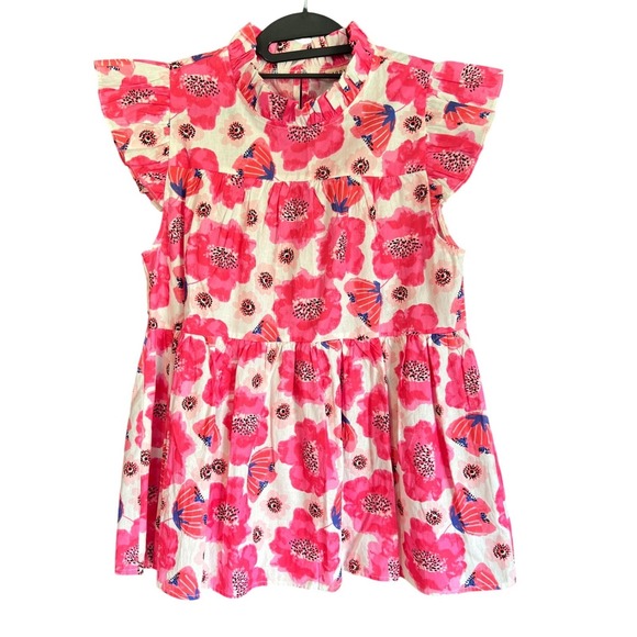 JODIFL Tops - Jodifl Womens Pink Floral Poppy Ruffle Neck Flutter Sleeve Babydoll Top Medium